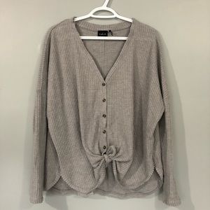 Grey tie front knit button up sweater